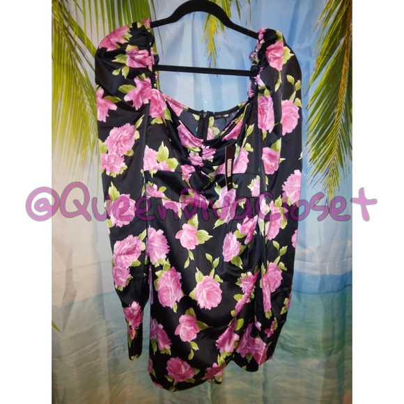 Pink rose black satin sweetheart bustier long sleeve ruched mini dress XL - Picture 6 of 8